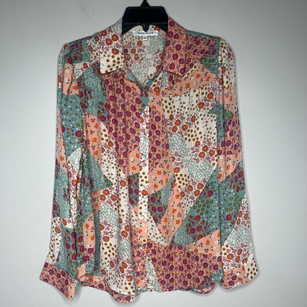 Rose + Olive Women's Floral Patchwork Button-Up Blouse Top Sz Small Boho Prairie